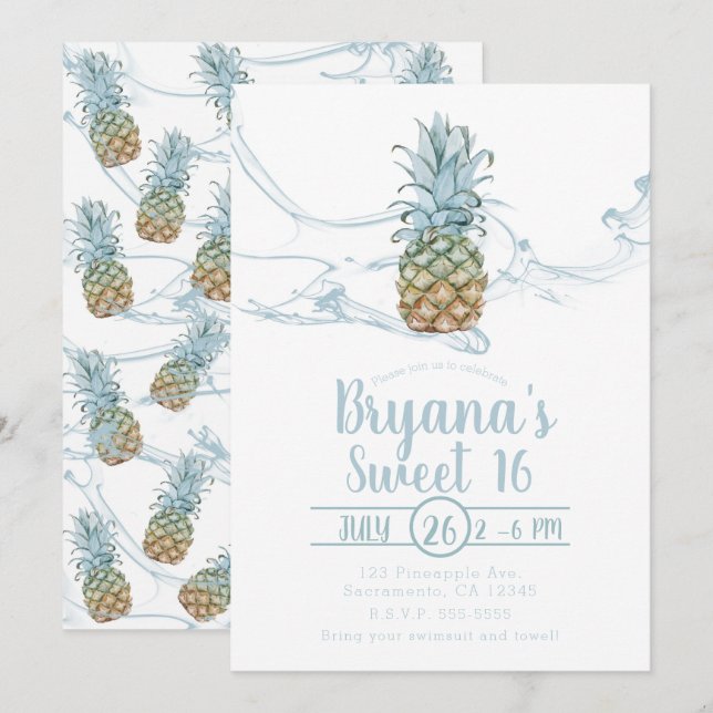 Dusty Blue Juicy Pineapple Summer Sweet 16 Party Invitation (Front/Back)
