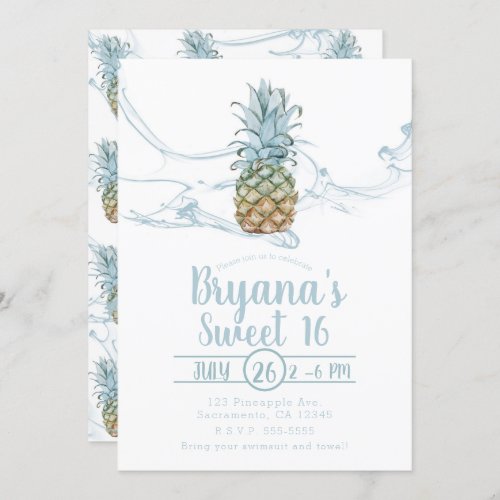 Dusty Blue Juicy Pineapple Summer Sweet 16 Party Invitation