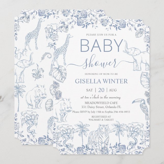 Dusty Blue Jungle Animals Toile Baby Shower  Invitation (Front/Back)