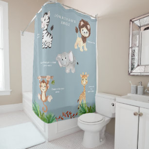 Dusty Blue Kid's Jungle Animals Funny Custom Name Shower Curtain