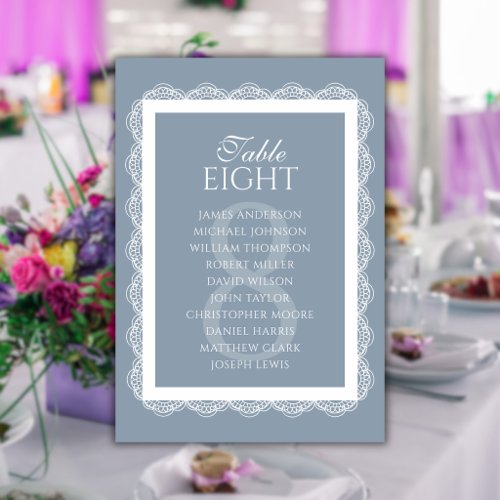 Dusty Blue Lace Doily Wedding Seating Chart Table Number