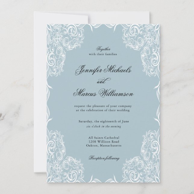 Dusty Blue Lace Frame Classic Wedding  Invitation (Front)