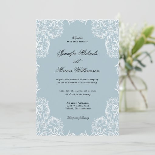 Dusty Blue Lace Frame Classic Wedding Invitation | Zazzle