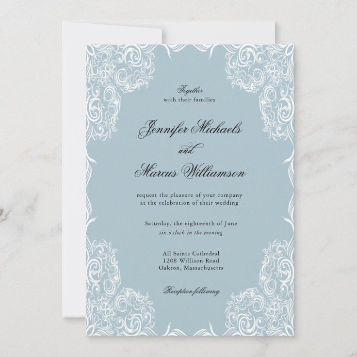 Dusty Blue Lace Frame Classic Wedding Invitation | Zazzle