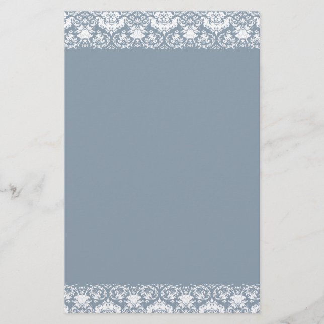 Dusty. Blue Lacy Damask Border Stationery (Front)