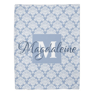 Dusty Blue Lacy Damask Pattern Monogram & Name Duvet Cover