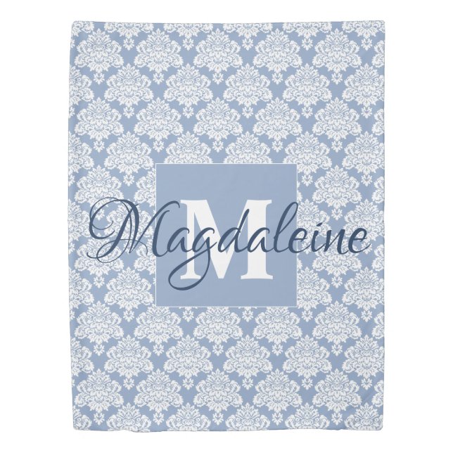 Dusty Blue Lacy Damask Pattern Monogram & Name Duvet Cover (Front)