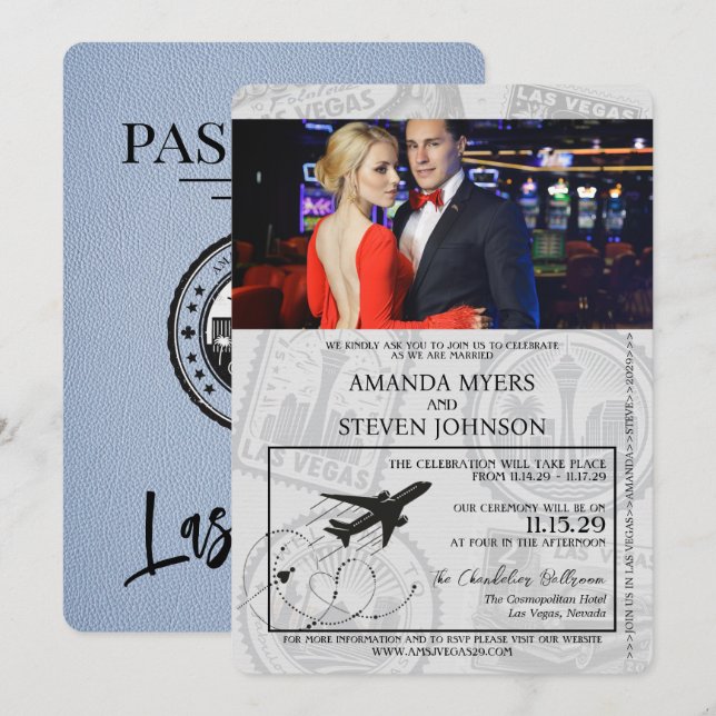 Dusty Blue Las Vegas Passport Wedding Invitation (Front/Back)