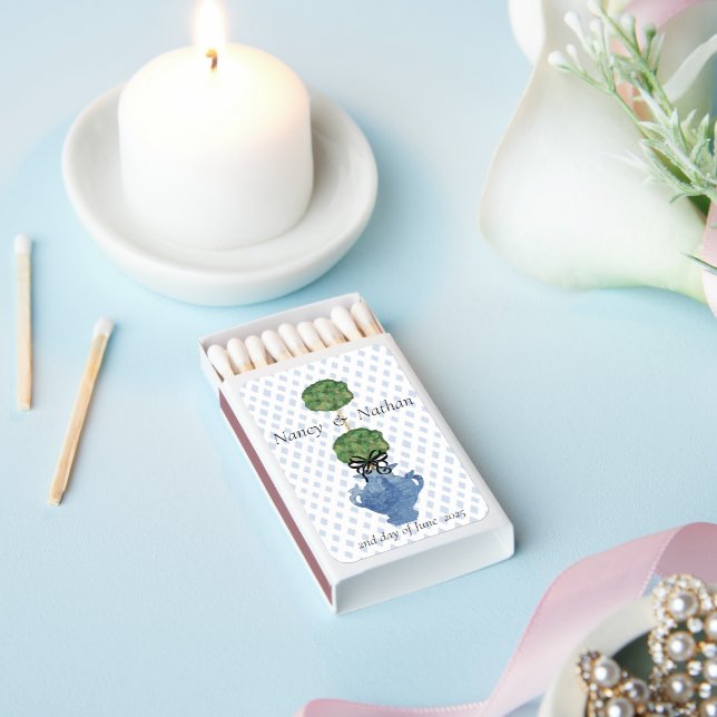 Dusty Blue Lattice Topiary Ginger Jar  Matchboxes (Insitu)
