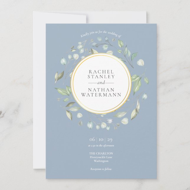 Dusty Blue Laurel Garland Greenery Wedding Invitation (Front)