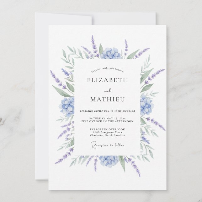 Dusty Blue Lavender Bloom Wedding Invitation (Front)