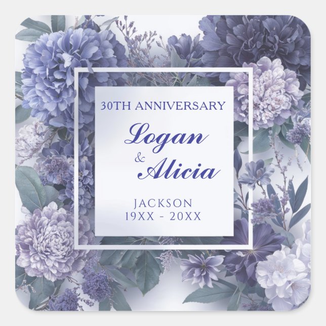 Dusty Blue Lavender Floral Monochrome Square Frame Sticker (Front)