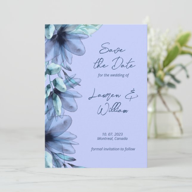 Dusty blue lavender save the date (Standing Front)