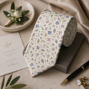 Dusty Blue & Lavender Watercolor Botanical Wedding Neck Tie