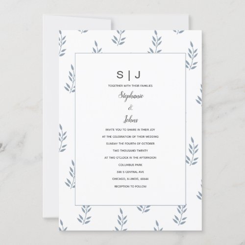Dusty Blue Leaf Monogram Minimal Simple Wedding Invitation
