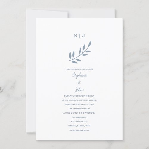 Dusty Blue Leaf Monogram Name Simple Wedding 2024 Invitation