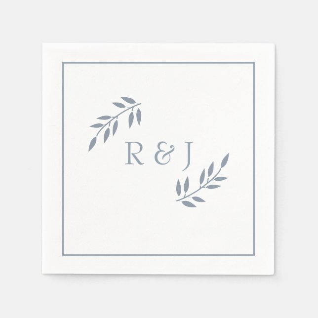 Dusty Blue Leaf Monograms Ampersand Trendy Wedding Napkins (Front)