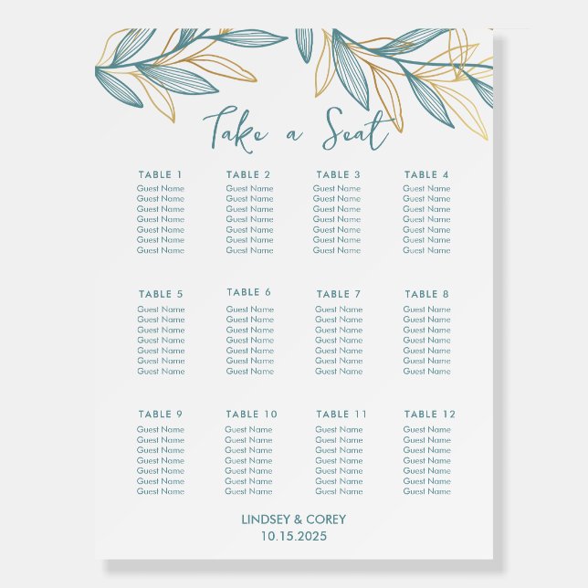 Dusty Blue Leaf Wedding Seating Chart Poster (Front)