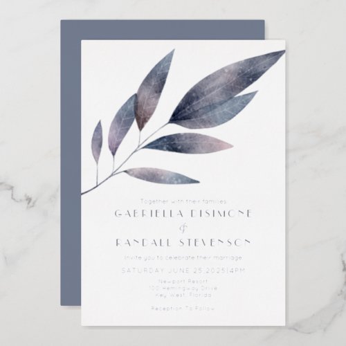 Dusty Blue Leaf Wedding Silver Foil Invitation
