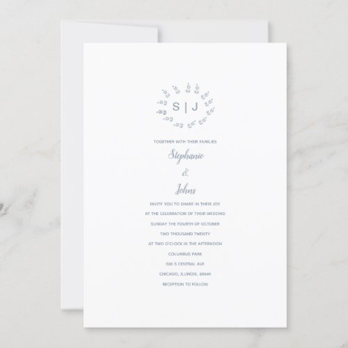 Dusty Blue Leafy Crest Custom Simple Wedding 2024 Invitation