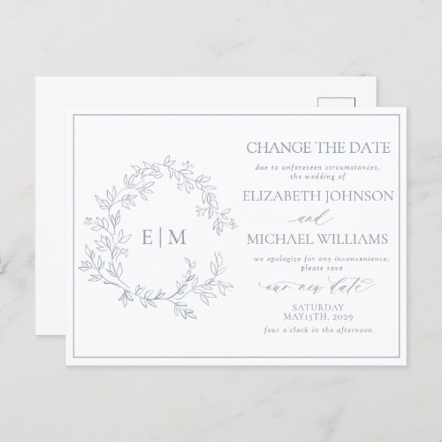 Dusty Blue Leafy Crest Monogram Change The Date Invitation Postcard