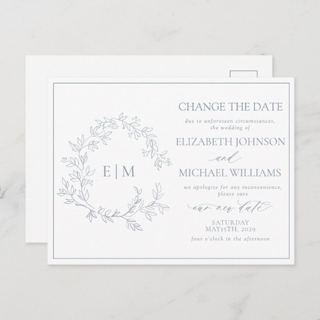 Dusty Blue Leafy Crest Monogram Change The Date Invitation Postcard (Front/Back)