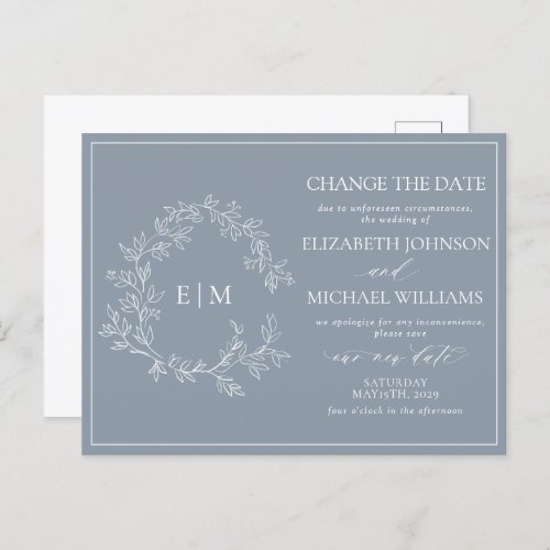 Dusty Blue Leafy Crest Monogram Change The Date Invitation Postcard