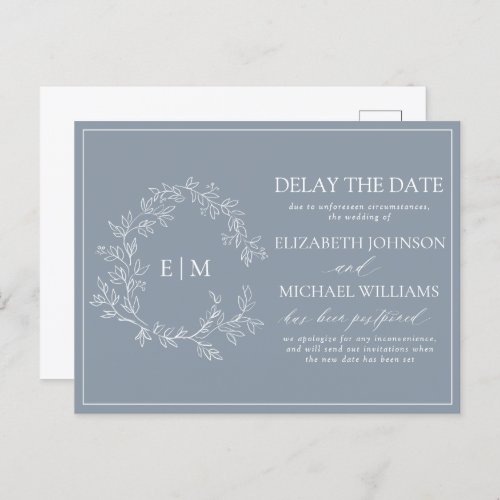 Dusty Blue Leafy Crest Monogram Delay The Date Invitation Postcard