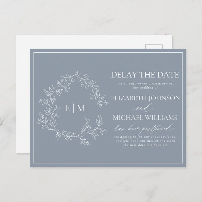Dusty Blue Leafy Crest Monogram Delay The Date Invitation Postcard (Front/Back)