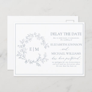 Dusty Blue Leafy Crest Monogram Delay The Date Invitation Postcard