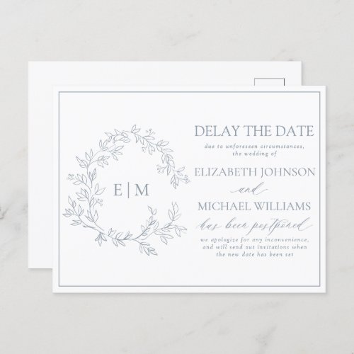 Dusty Blue Leafy Crest Monogram Delay The Date Invitation Postcard