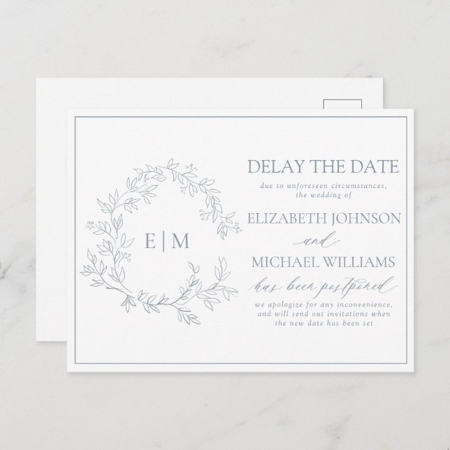 Dusty Blue Leafy Crest Monogram Delay The Date Invitation Postcard (Front/Back)