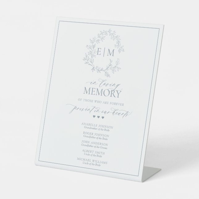 Dusty Blue Leafy Crest Monogram In Loving Memory Pedestal Sign (Front)