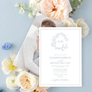 Dusty Blue Leafy Crest Monogram Photo Wedding Invitation