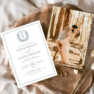 Dusty Blue Leafy Crest Monogram Photo Wedding Invitation
