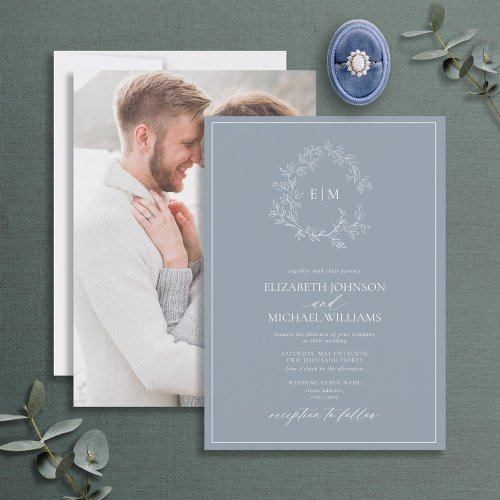 Dusty Blue Leafy Crest Monogram Photo Wedding Invitation
