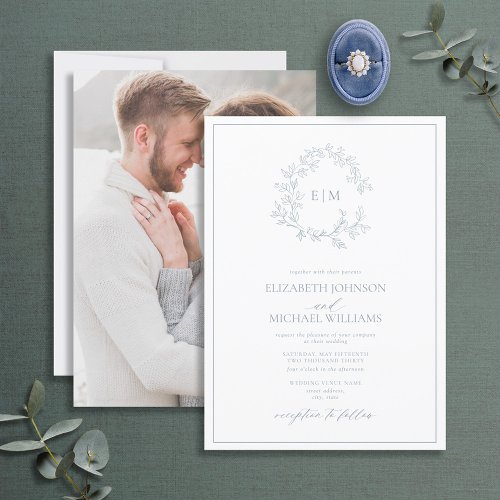 Dusty Blue Leafy Crest Monogram Photo Wedding Invitation