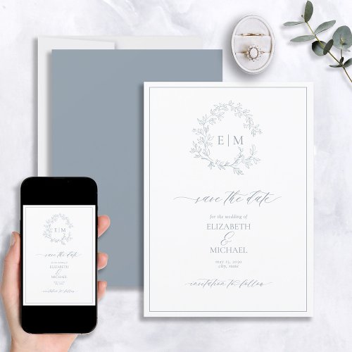 Dusty Blue Leafy Crest Monogram Save the Date Invitation