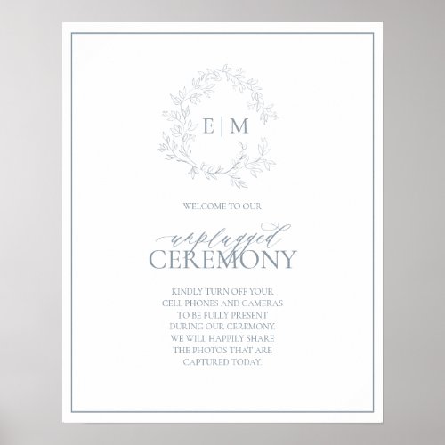 Dusty Blue Leafy Crest Monogram Unplugged Wedding Poster