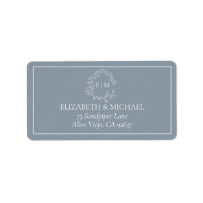 Dusty Blue Leafy Crest Monogram Wedding Address Label