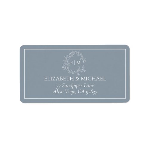Dusty Blue Leafy Crest Monogram Wedding Address Label