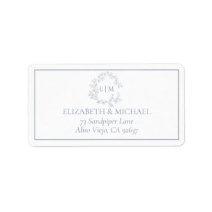 Dusty Blue Leafy Crest Monogram Wedding Address Label