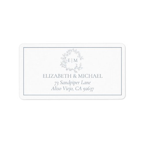 Dusty Blue Leafy Crest Monogram Wedding Address Label