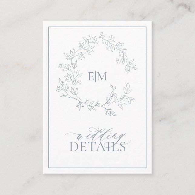 Dusty Blue Leafy Crest Monogram Wedding Details Enclosure Card (Front)
