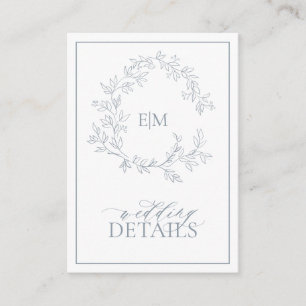 Dusty Blue Leafy Crest Monogram Wedding Details Enclosure Card