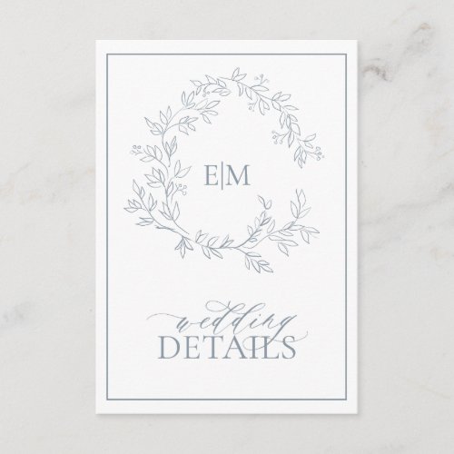 Dusty Blue Leafy Crest Monogram Wedding Details Enclosure Card