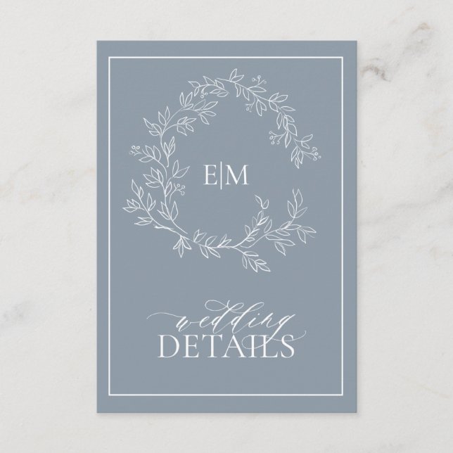 Dusty Blue Leafy Crest Monogram Wedding Details Enclosure Card (Front)