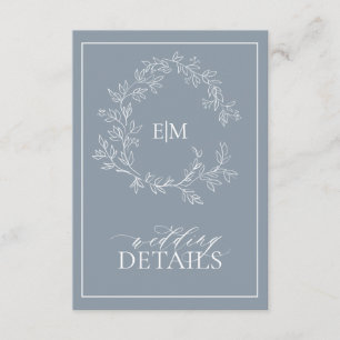 Dusty Blue Leafy Crest Monogram Wedding Details Enclosure Card