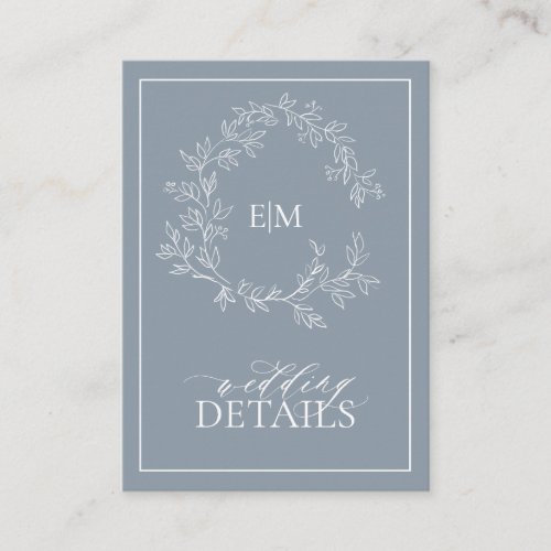 Dusty Blue Leafy Crest Monogram Wedding Details Enclosure Card