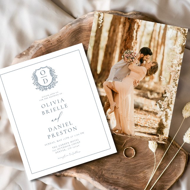 Dusty Blue Leafy Crest Monogram Wedding Elegant Flyer (Creator Uploaded)